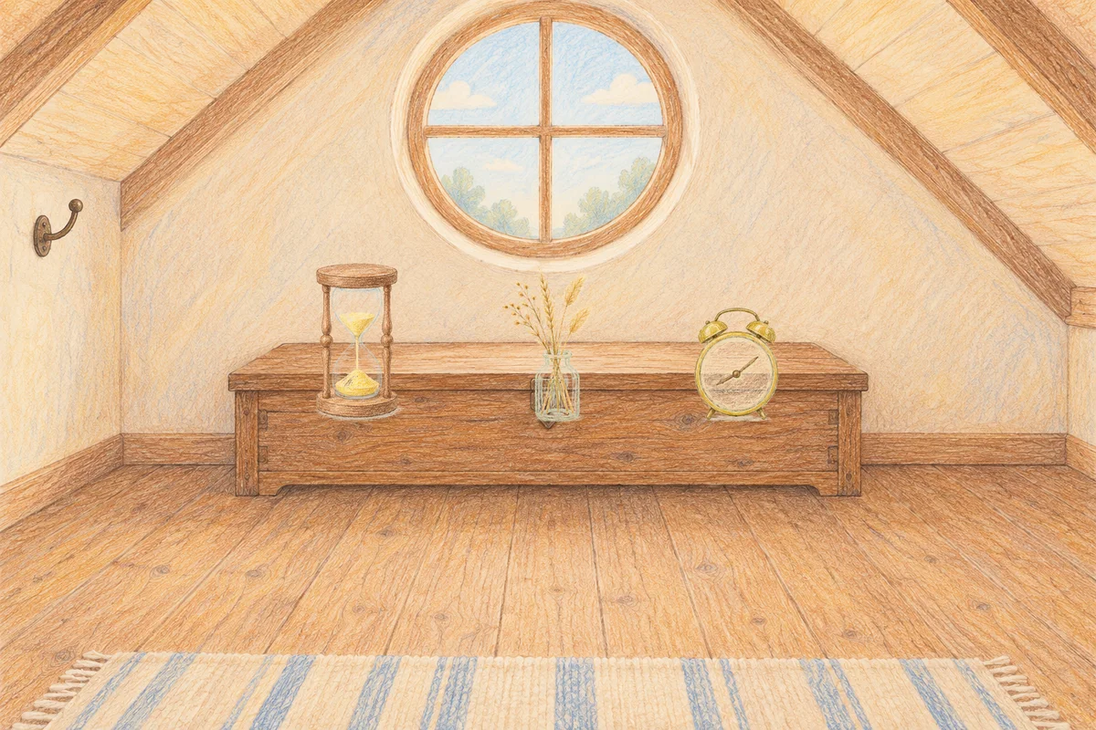 가락동 여성전용 후기 마사지 안내 그림, 낮의 다락방 나무 궤짝 위에 놓인 모래시계, 마른 풀을 꽂은 항아리, 둥근 알람시계