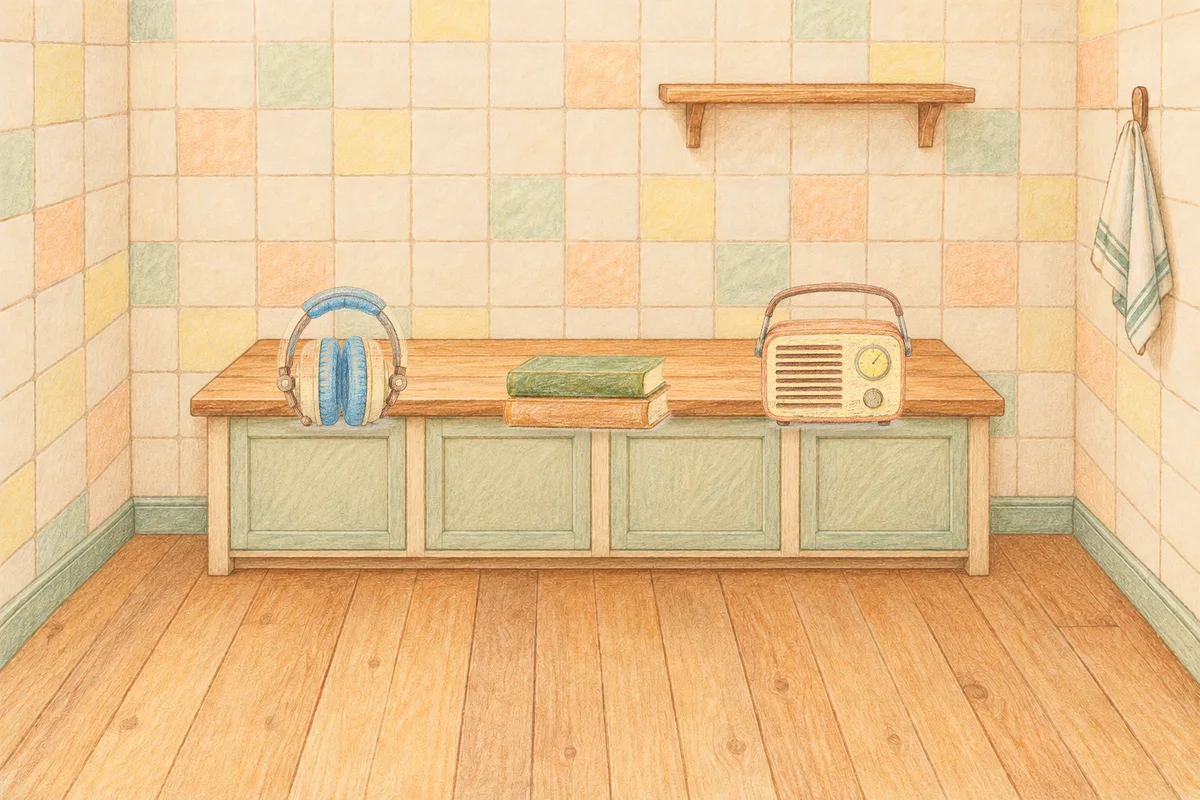 문정동 여성전용 아로마 마사지 안내 그림, 낮의 부엌 나무 조리대 위에 놓인 헤드폰, 책 두 권, 작은 라디오