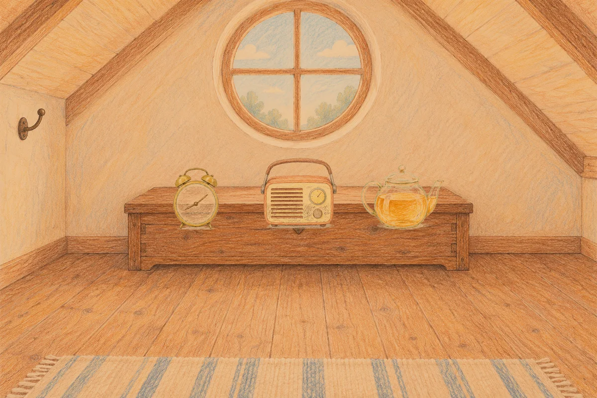 문정동 여성전용 아로마테라피 안내 그림, 저녁의 다락방 나무 궤짝 위에 놓인 둥근 알람시계, 작은 라디오, 유리 티포트