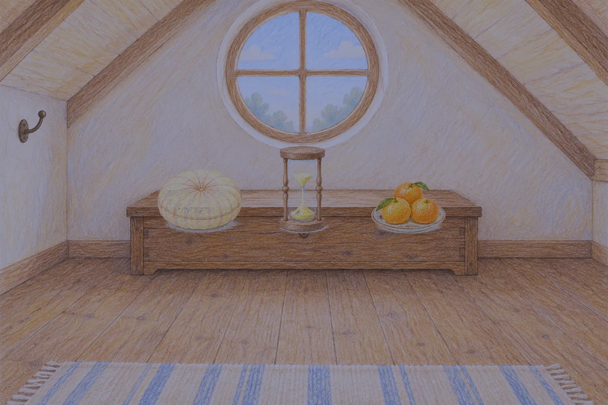 문정동 여성전용 프리미엄 스웨디시 안내 그림, 밤의 다락방 나무 궤짝 위에 놓인 둥근 쿠션, 모래시계, 귤이 담긴 접시