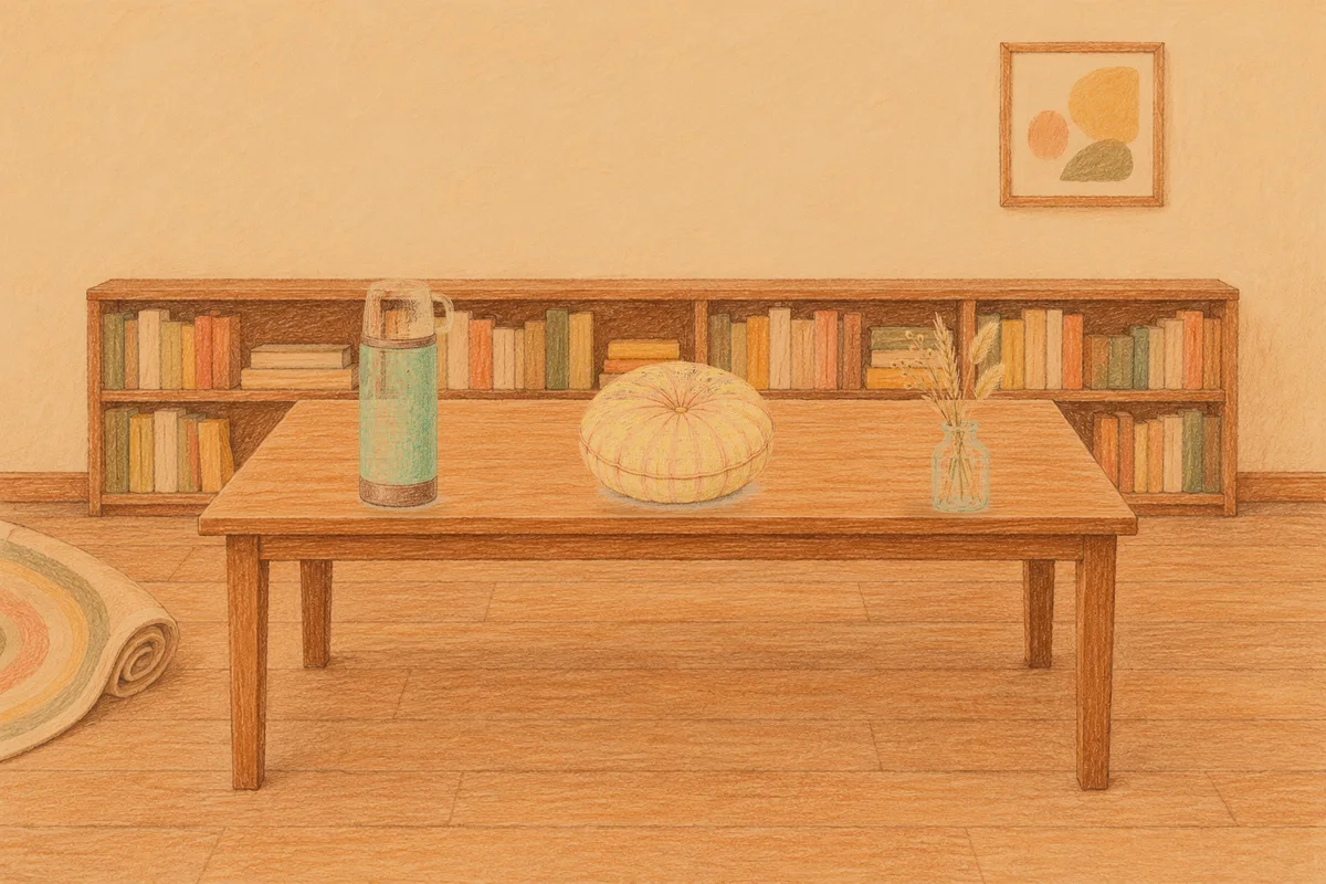 문정동 여성전용 라벤더 아로마 안내 그림, 저녁의 서재 긴 책상 위에 놓인 보온병, 둥근 쿠션, 마른 풀을 꽂은 항아리