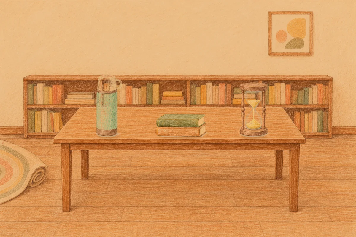 문정동 여성전용 아로마 마사지 후기 안내 그림, 저녁의 서재 긴 책상 위에 놓인 보온병, 책 두 권, 모래시계