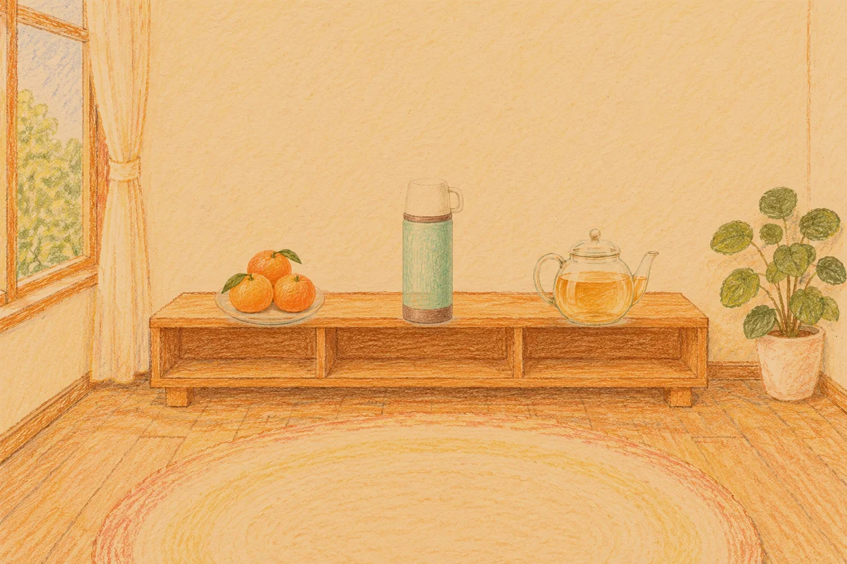 문정동 여성전용 스웨디시 추천 안내 그림, 저녁의 창가 낮은 선반 위에 놓인 귤이 담긴 접시, 보온병, 유리 티포트