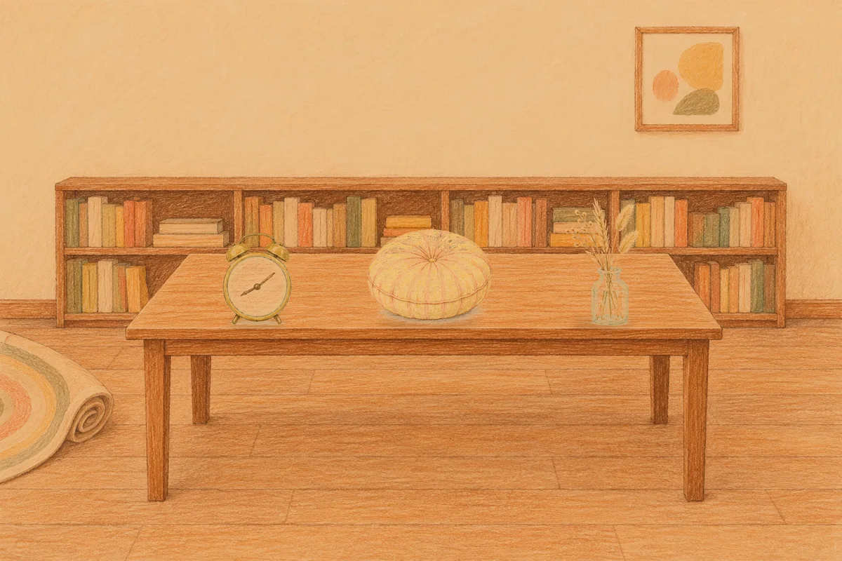 문정동 여성전용 경락마사지 안내 그림, 저녁의 서재 긴 책상 위에 놓인 둥근 알람시계, 둥근 쿠션, 마른 풀을 꽂은 항아리