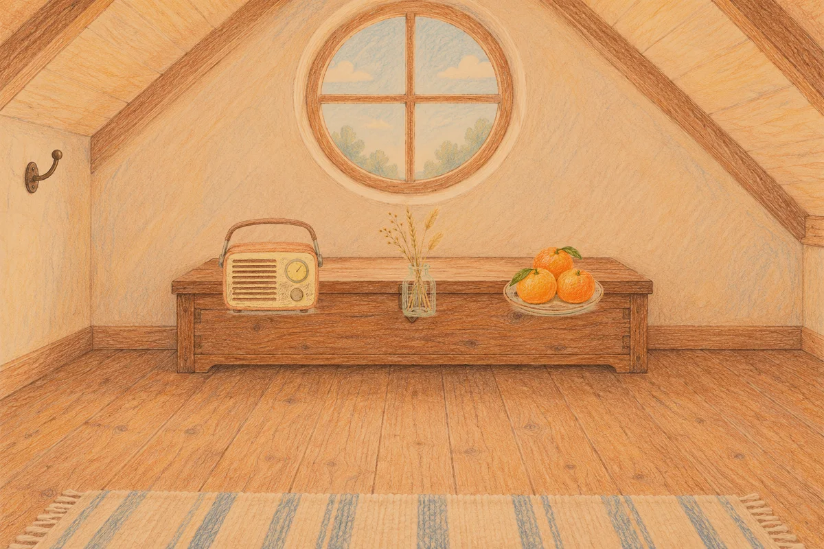문정동 여성전용 경락 마사지 안내 그림, 저녁의 다락방 나무 궤짝 위에 놓인 작은 라디오, 마른 풀을 꽂은 항아리, 귤이 담긴 접시