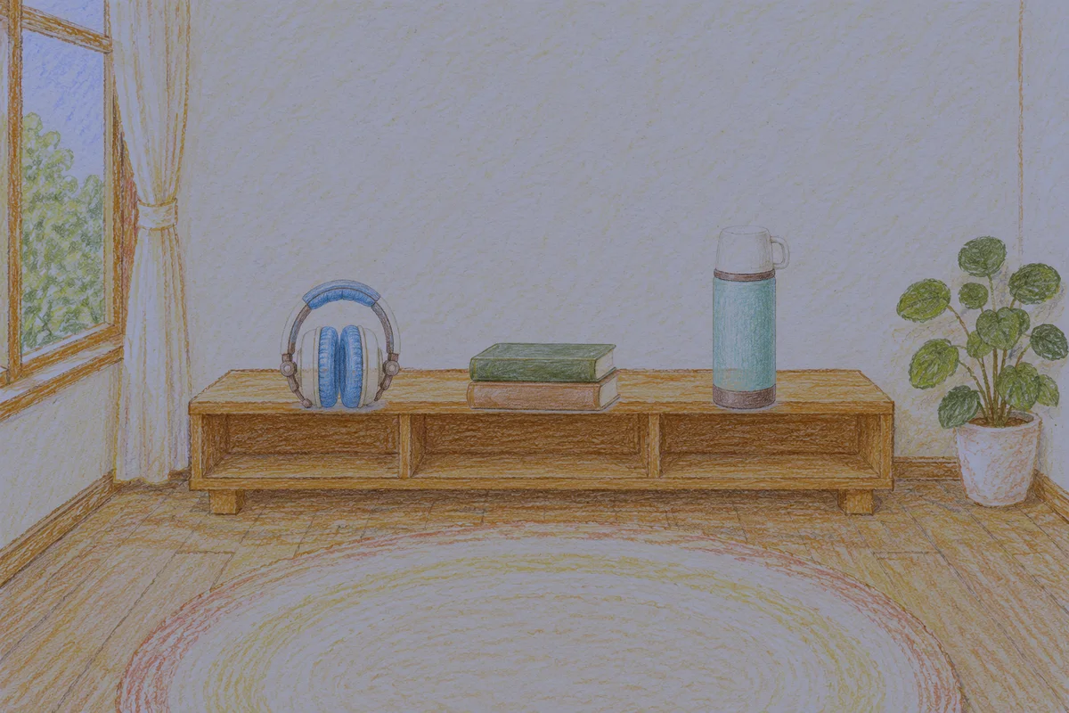 문정동 여성전용 얼굴 경락 안내 그림, 밤의 창가 낮은 선반 위에 놓인 헤드폰, 책 두 권, 보온병