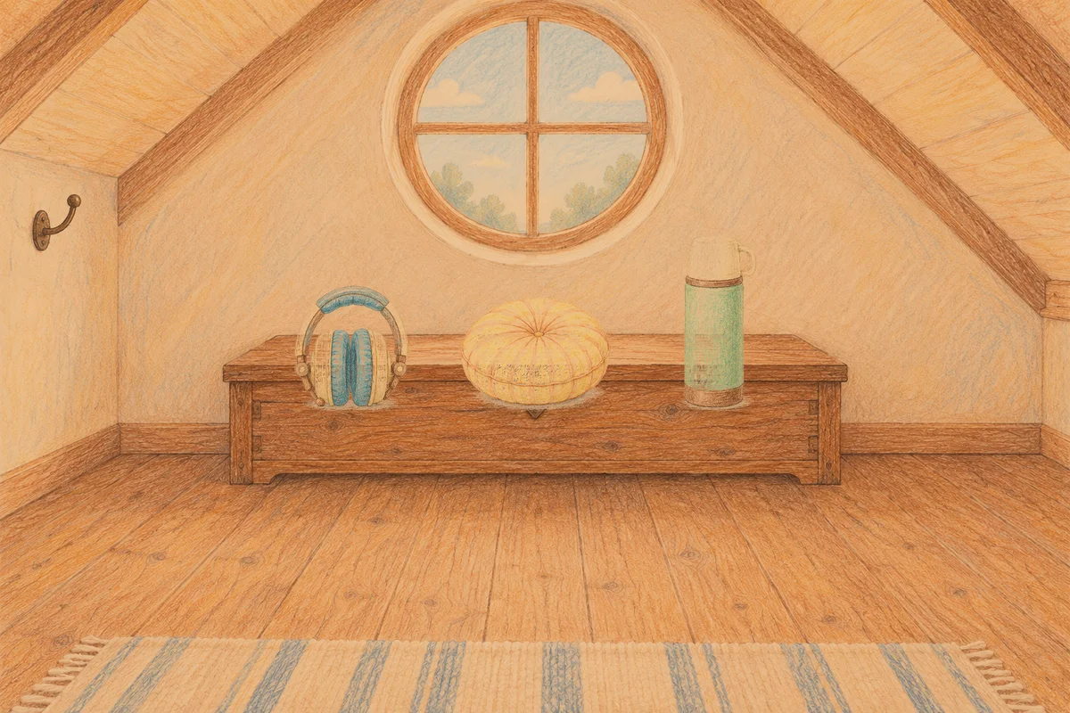 문정동 여성전용 경락마사지 후기 안내 그림, 저녁의 다락방 나무 궤짝 위에 놓인 헤드폰, 둥근 쿠션, 보온병