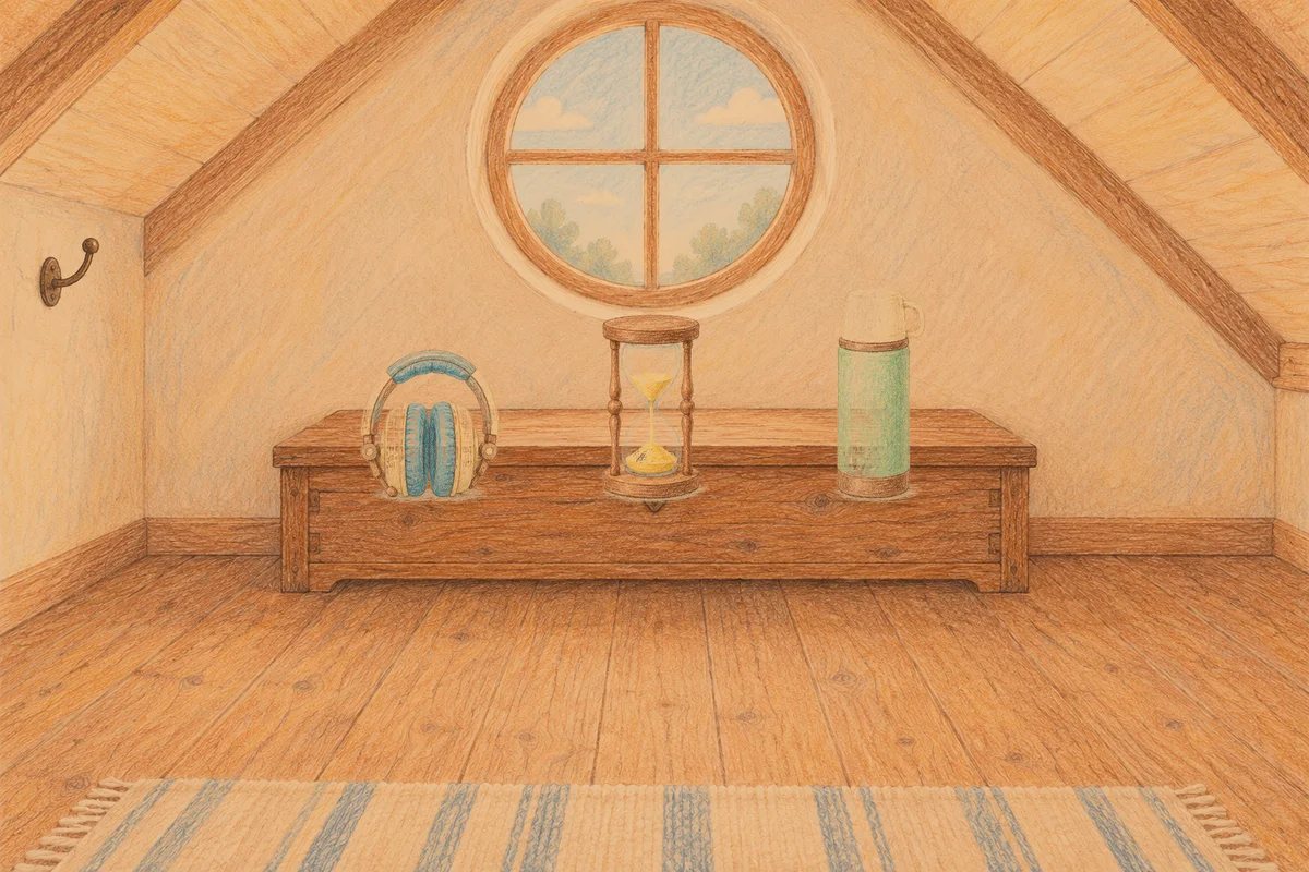 문정동 여성전용 경락 추천 안내 그림, 저녁의 다락방 나무 궤짝 위에 놓인 헤드폰, 모래시계, 보온병