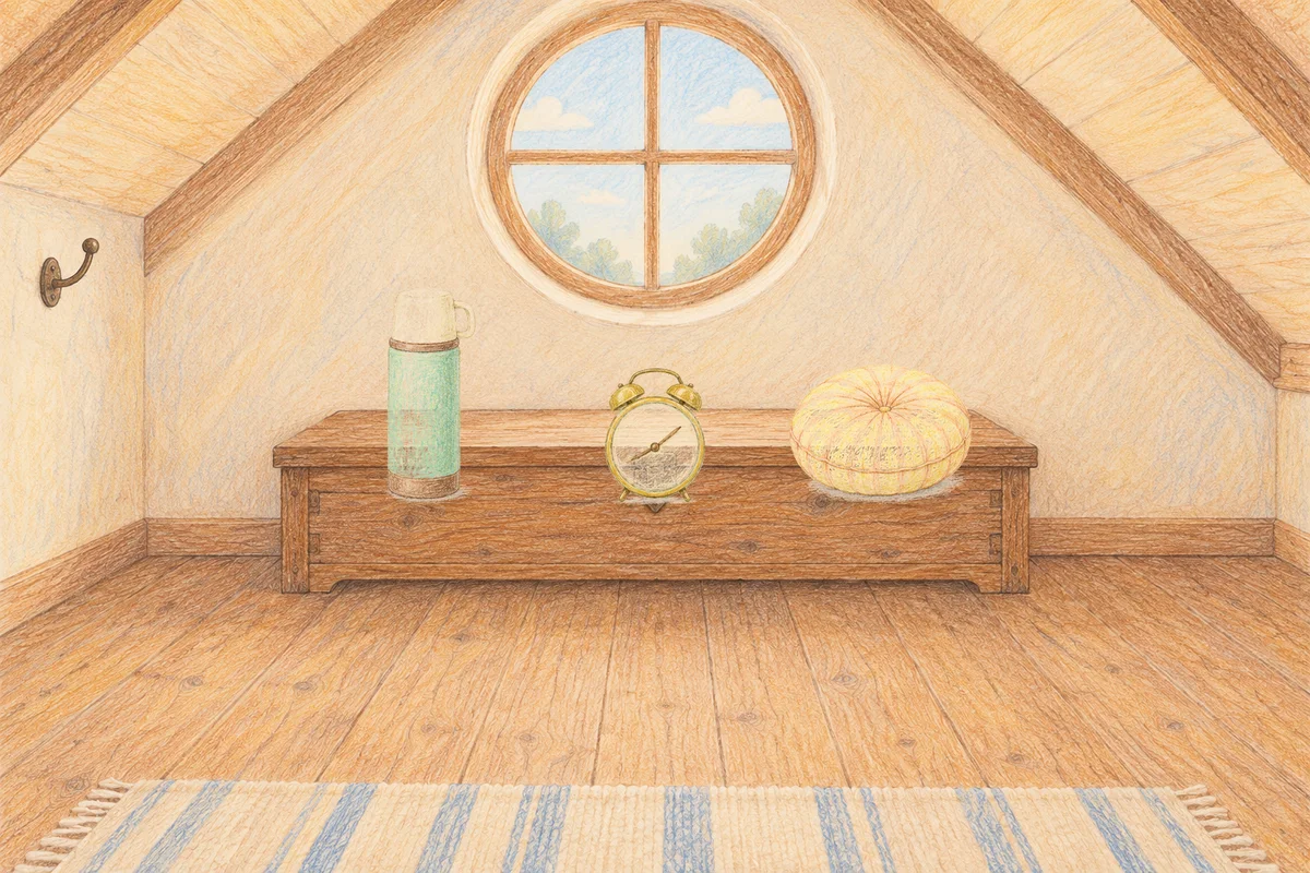 문정동 여성전용 방문 마사지 안내 그림, 낮의 다락방 나무 궤짝 위에 놓인 보온병, 둥근 알람시계, 둥근 쿠션