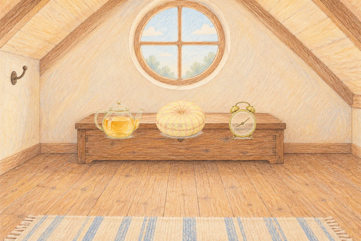 문정동 여성전용 홈케어 서비스 안내 그림, 낮의 다락방 나무 궤짝 위에 놓인 유리 티포트, 둥근 쿠션, 둥근 알람시계