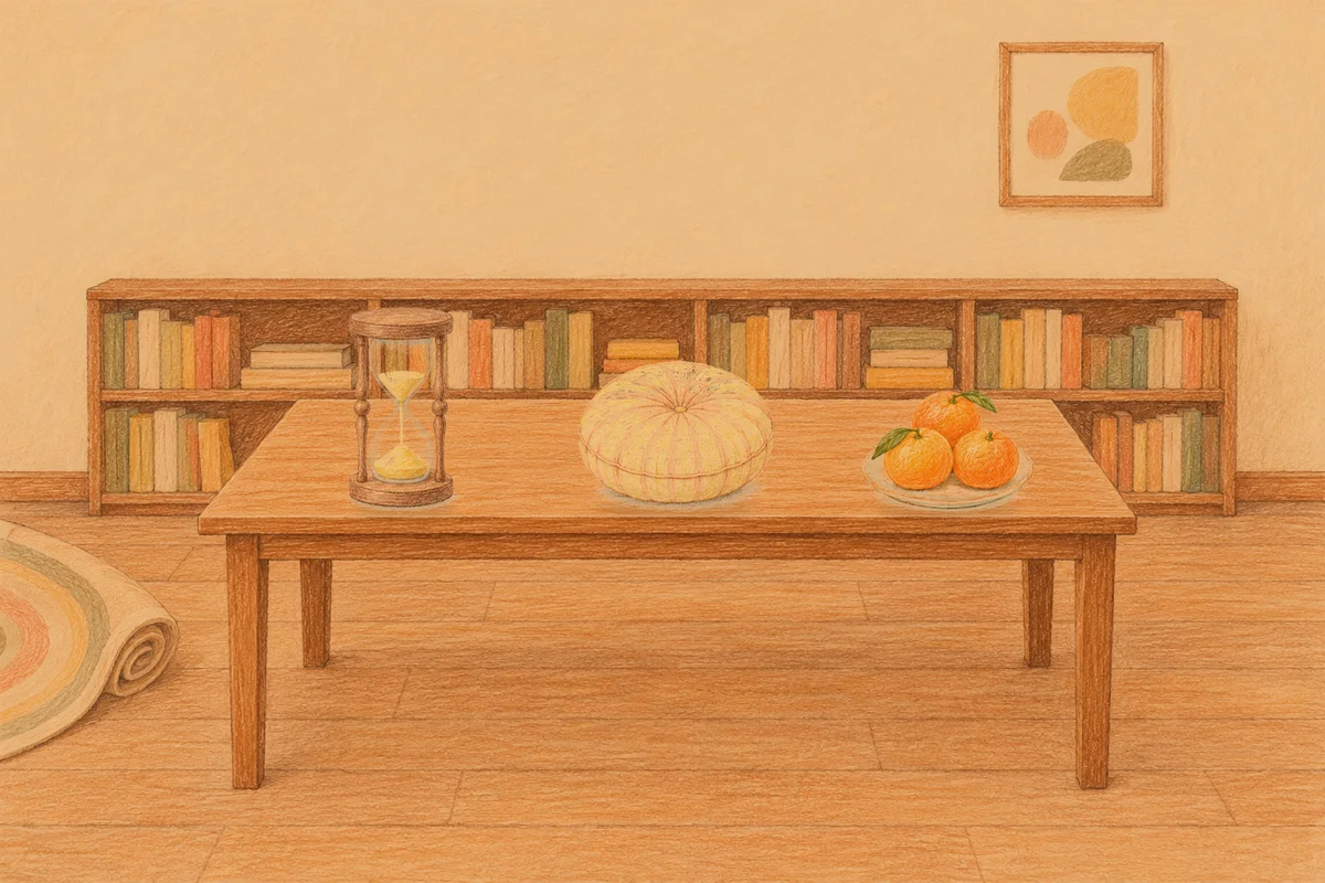 문정동 여성전용 1인샵 안내 그림, 저녁의 서재 긴 책상 위에 놓인 모래시계, 둥근 쿠션, 귤이 담긴 접시