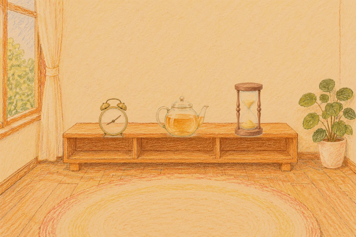 문정동 여성전용 홈케어 추천 안내 그림, 저녁의 창가 낮은 선반 위에 놓인 둥근 알람시계, 유리 티포트, 모래시계