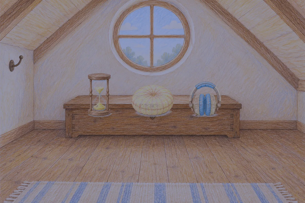 문정동 여성전용 발마사지 안내 그림, 밤의 다락방 나무 궤짝 위에 놓인 모래시계, 둥근 쿠션, 헤드폰