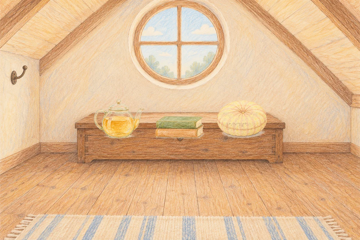 문정동 여성전용 발 부종 케어 안내 그림, 낮의 다락방 나무 궤짝 위에 놓인 유리 티포트, 책 두 권, 둥근 쿠션