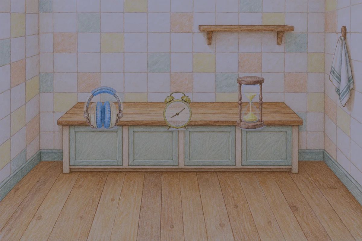문정동 여성전용 부종 케어 안내 그림, 밤의 부엌 나무 조리대 위에 놓인 헤드폰, 둥근 알람시계, 모래시계