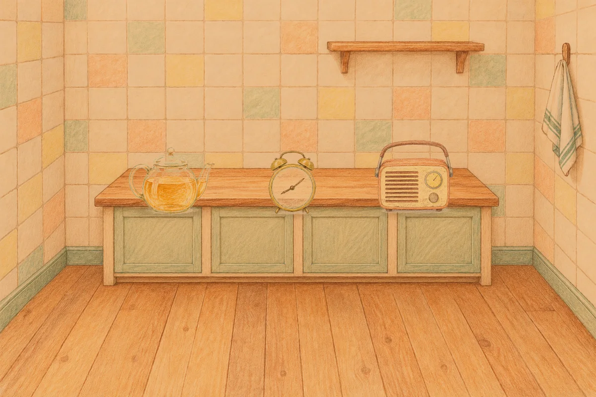 문정동 여성전용 바디 케어 안내 그림, 저녁의 부엌 나무 조리대 위에 놓인 유리 티포트, 둥근 알람시계, 작은 라디오