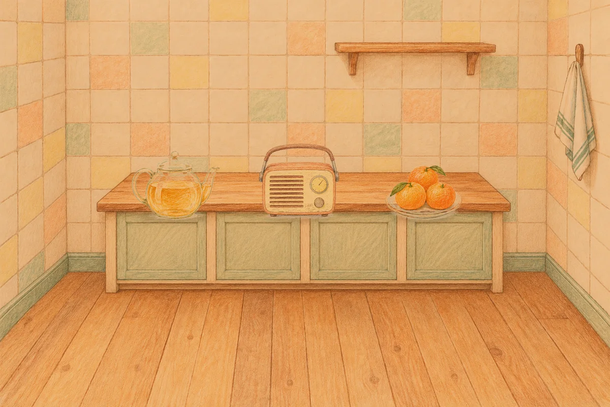 문정동 여성전용 슬리밍 마사지 안내 그림, 저녁의 부엌 나무 조리대 위에 놓인 유리 티포트, 작은 라디오, 귤이 담긴 접시