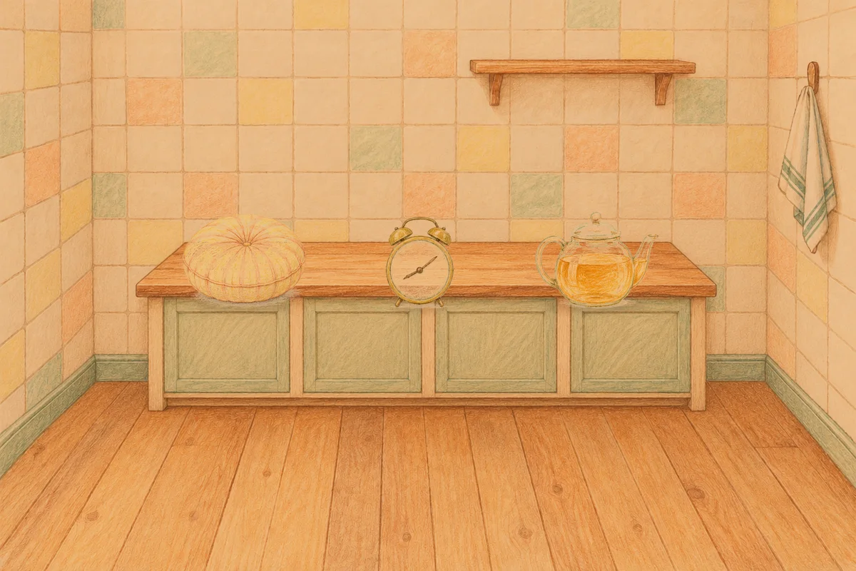문정동 여성전용 디톡스 마사지 안내 그림, 저녁의 부엌 나무 조리대 위에 놓인 둥근 쿠션, 둥근 알람시계, 유리 티포트