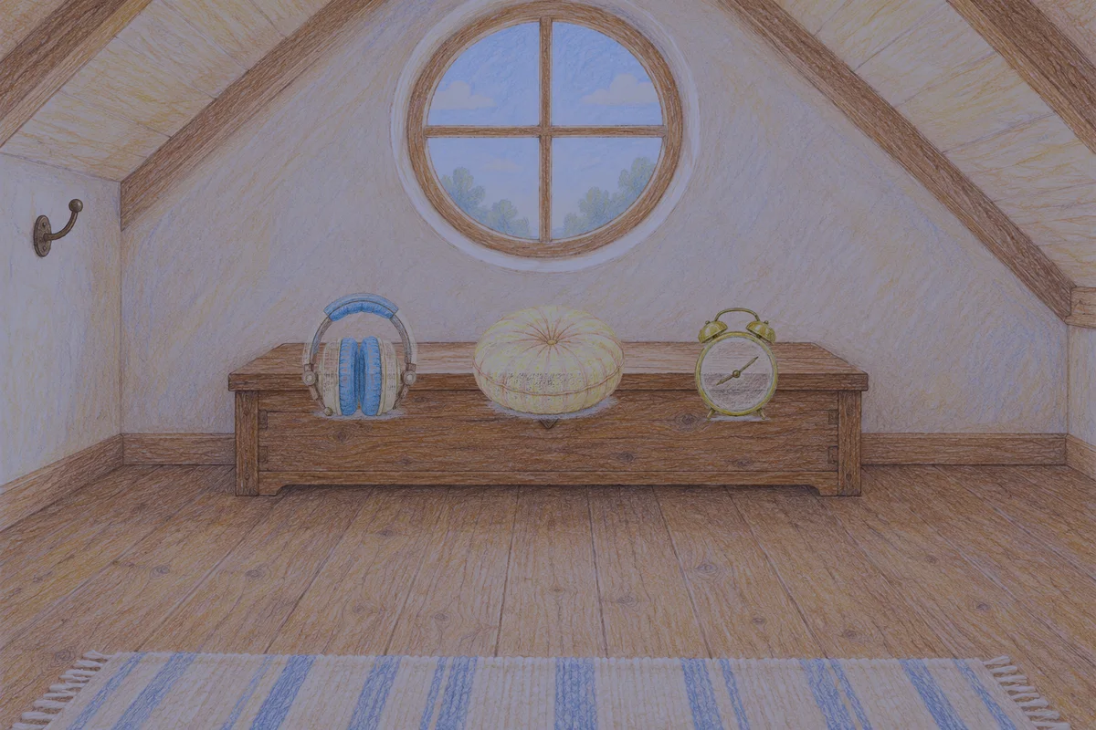 문정동 여성전용 복부 마사지 안내 그림, 밤의 다락방 나무 궤짝 위에 놓인 헤드폰, 둥근 쿠션, 둥근 알람시계
