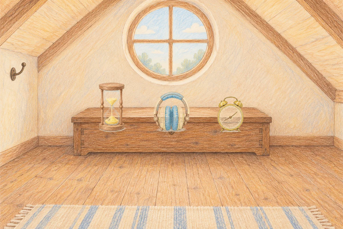 문정동 여성전용 목 어깨 케어 안내 그림, 낮의 다락방 나무 궤짝 위에 놓인 모래시계, 헤드폰, 둥근 알람시계