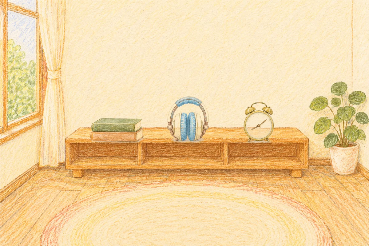 문정동 여성전용 피로 회복 마사지 안내 그림, 낮의 창가 낮은 선반 위에 놓인 책 두 권, 헤드폰, 둥근 알람시계