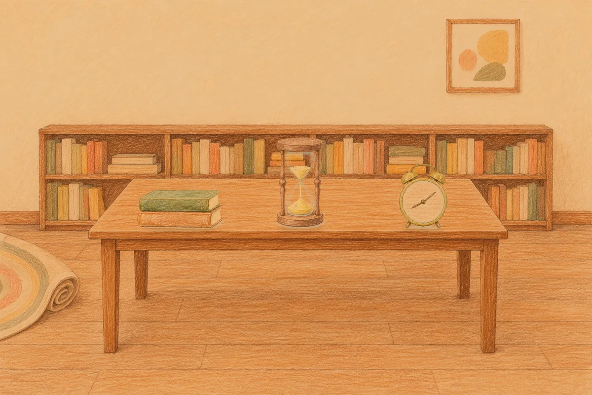 문정동 여성전용 얼굴 마사지 안내 그림, 저녁의 서재 긴 책상 위에 놓인 책 두 권, 모래시계, 둥근 알람시계