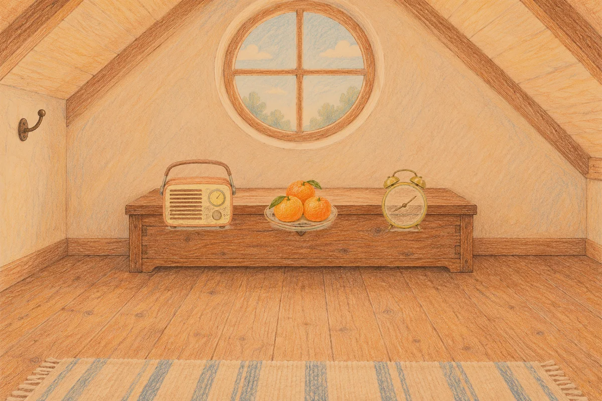 문정동 여성전용 림프 페이셜 안내 그림, 저녁의 다락방 나무 궤짝 위에 놓인 작은 라디오, 귤이 담긴 접시, 둥근 알람시계