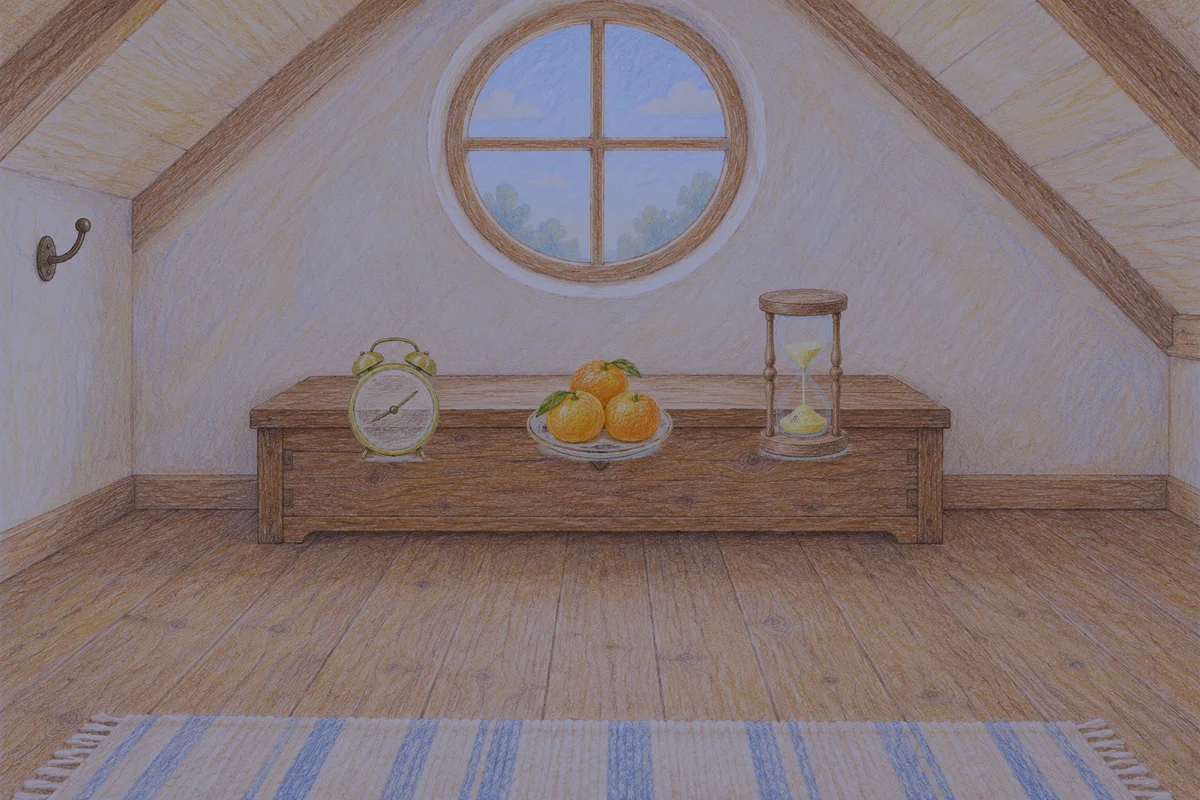 문정동 여성전용 안티에이징 케어 안내 그림, 밤의 다락방 나무 궤짝 위에 놓인 둥근 알람시계, 귤이 담긴 접시, 모래시계