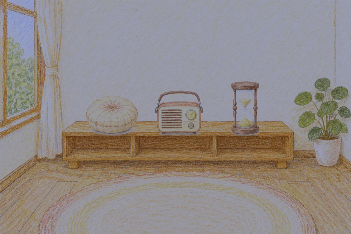 문정동 여성전용 샵 마사지 안내 그림, 밤의 창가 낮은 선반 위에 놓인 둥근 쿠션, 작은 라디오, 모래시계