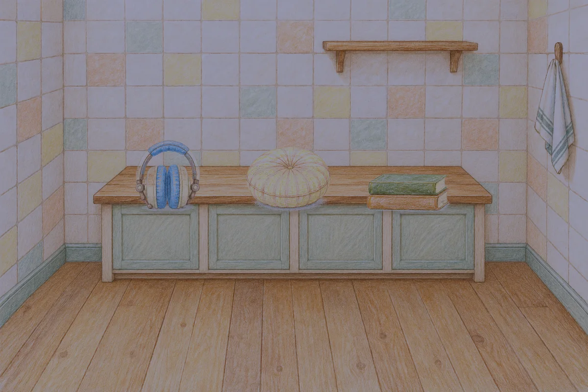 문정동 여성전용 가격 마사지 안내 그림, 밤의 부엌 나무 조리대 위에 놓인 헤드폰, 둥근 쿠션, 책 두 권