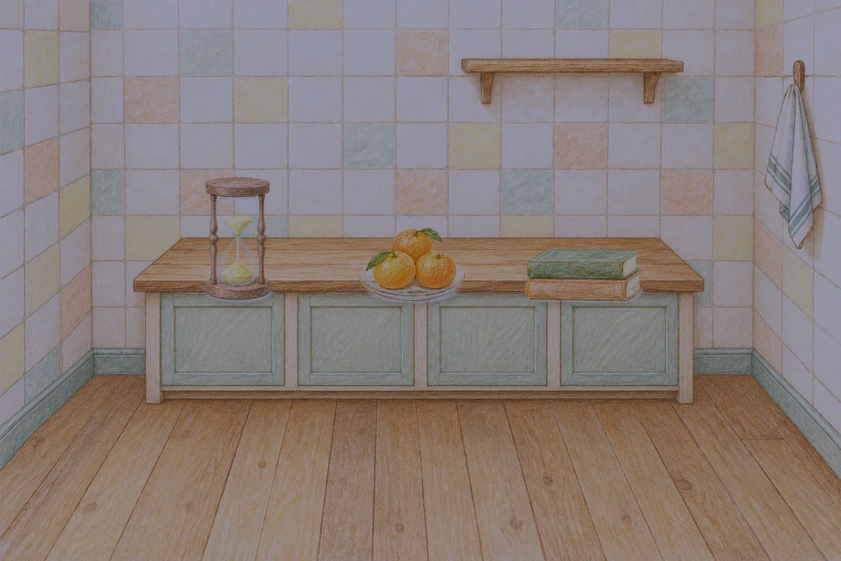 문정동 여성전용 추천 마사지 안내 그림, 밤의 부엌 나무 조리대 위에 놓인 모래시계, 귤이 담긴 접시, 책 두 권