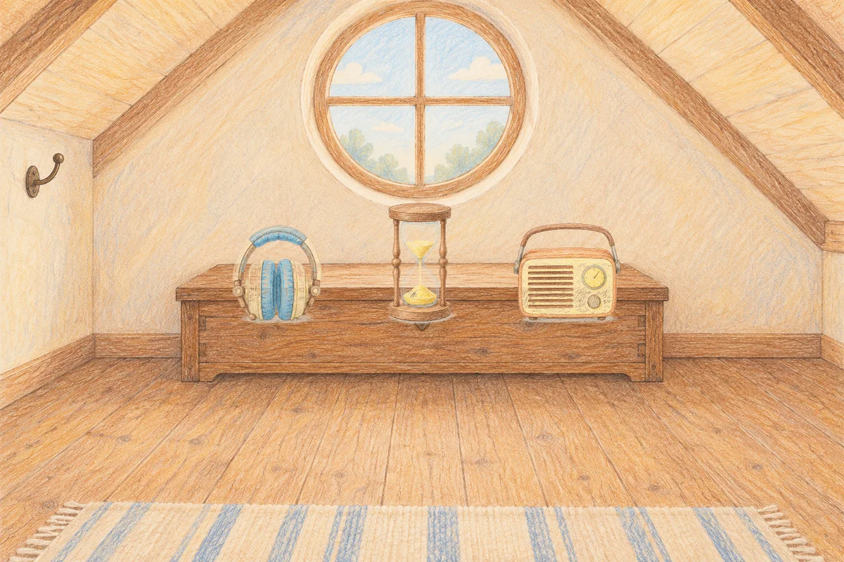 문정동 여성전용 출장 마사지 안내 그림, 낮의 다락방 나무 궤짝 위에 놓인 헤드폰, 모래시계, 작은 라디오