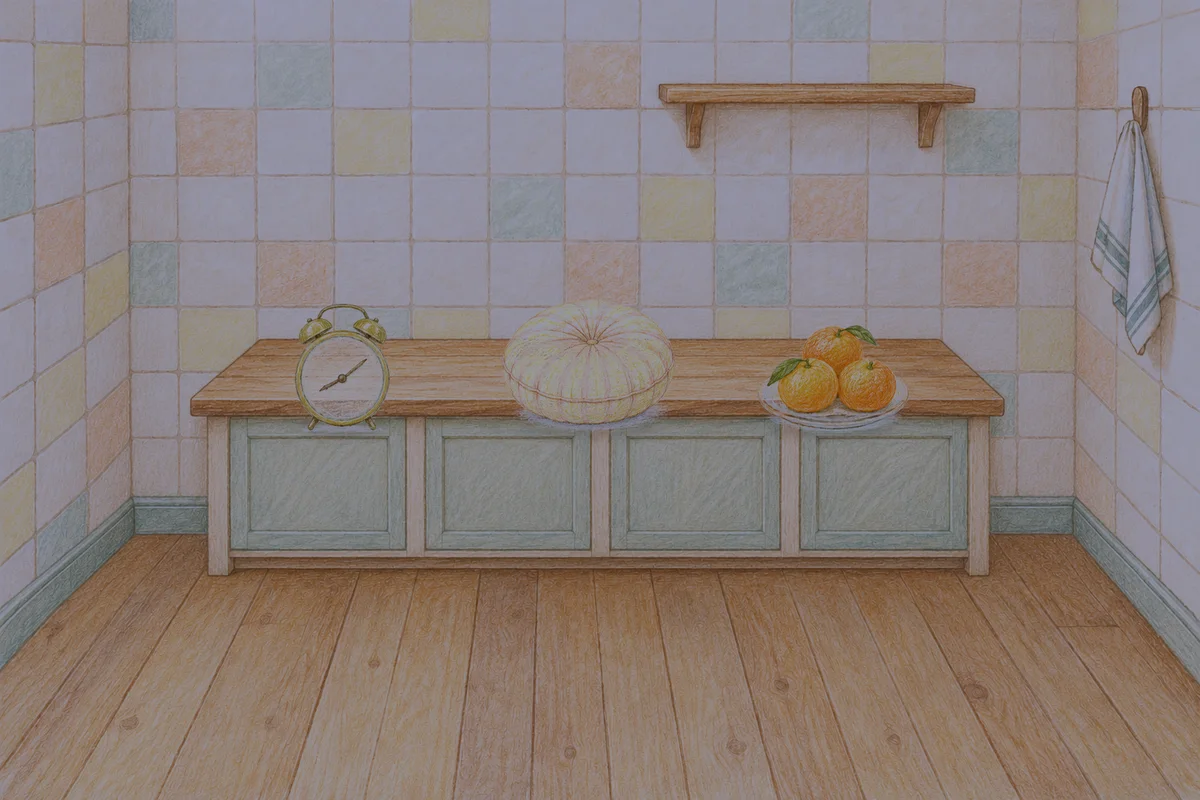 장지동 여성전용 아로마테라피 안내 그림, 밤의 부엌 나무 조리대 위에 놓인 둥근 알람시계, 둥근 쿠션, 귤이 담긴 접시