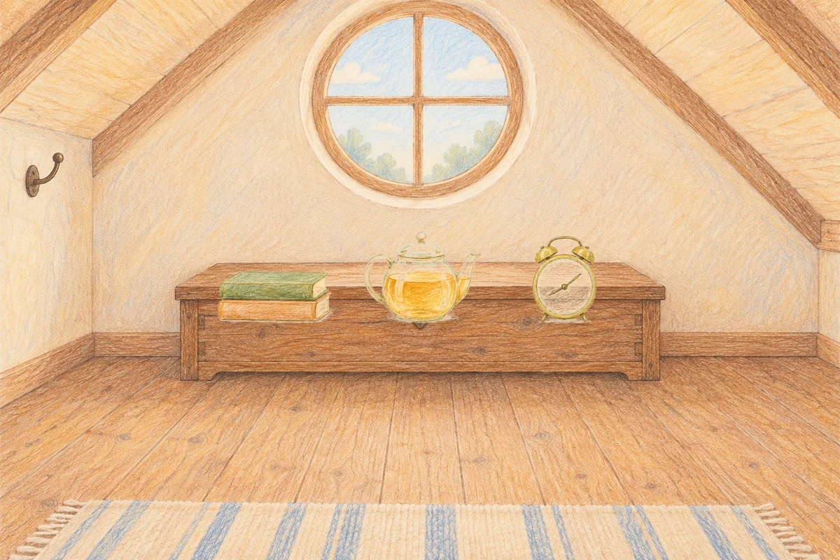 장지동 여성전용 프리미엄 스웨디시 안내 그림, 낮의 다락방 나무 궤짝 위에 놓인 책 두 권, 유리 티포트, 둥근 알람시계