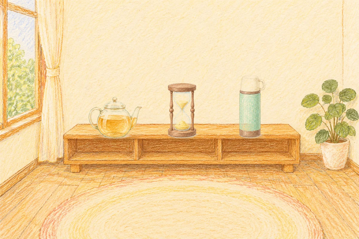 장지동 여성전용 스웨디시 후기 안내 그림, 낮의 창가 낮은 선반 위에 놓인 유리 티포트, 모래시계, 보온병