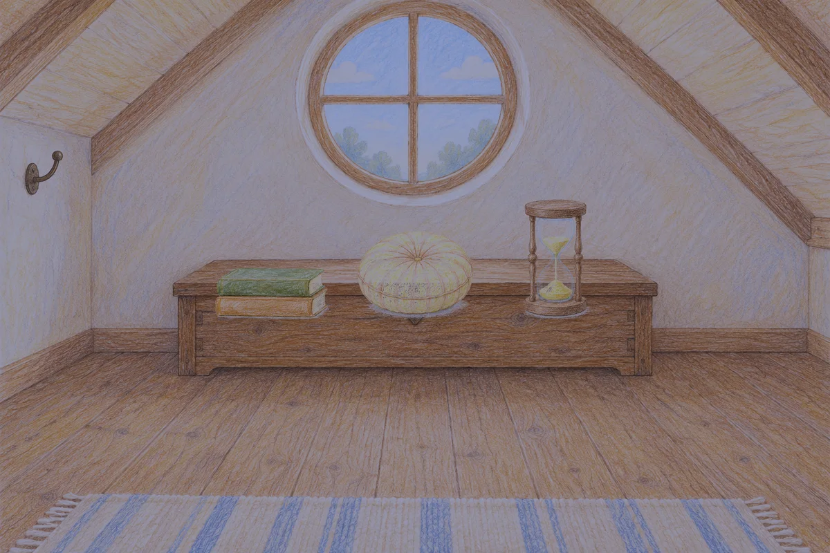 장지동 여성전용 아로마 가격 안내 그림, 밤의 다락방 나무 궤짝 위에 놓인 책 두 권, 둥근 쿠션, 모래시계