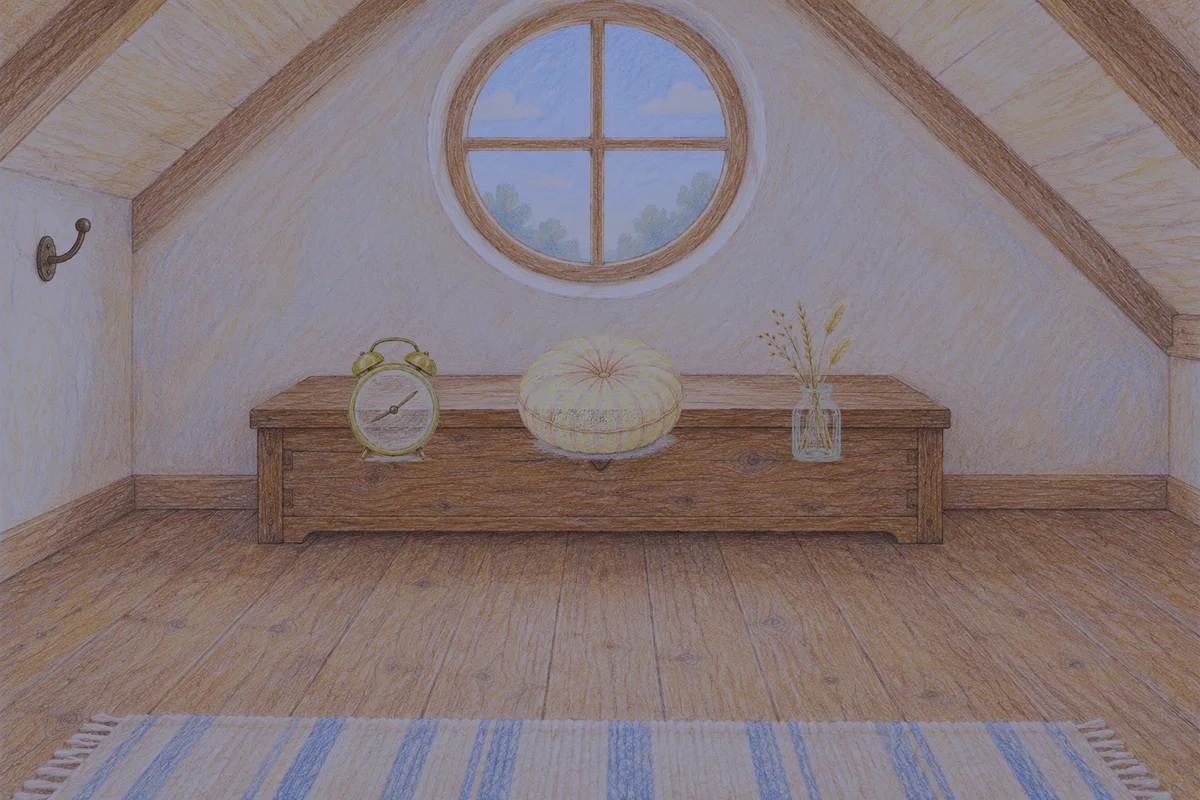장지동 여성전용 아로마 추천 안내 그림, 밤의 다락방 나무 궤짝 위에 놓인 둥근 알람시계, 둥근 쿠션, 마른 풀을 꽂은 항아리