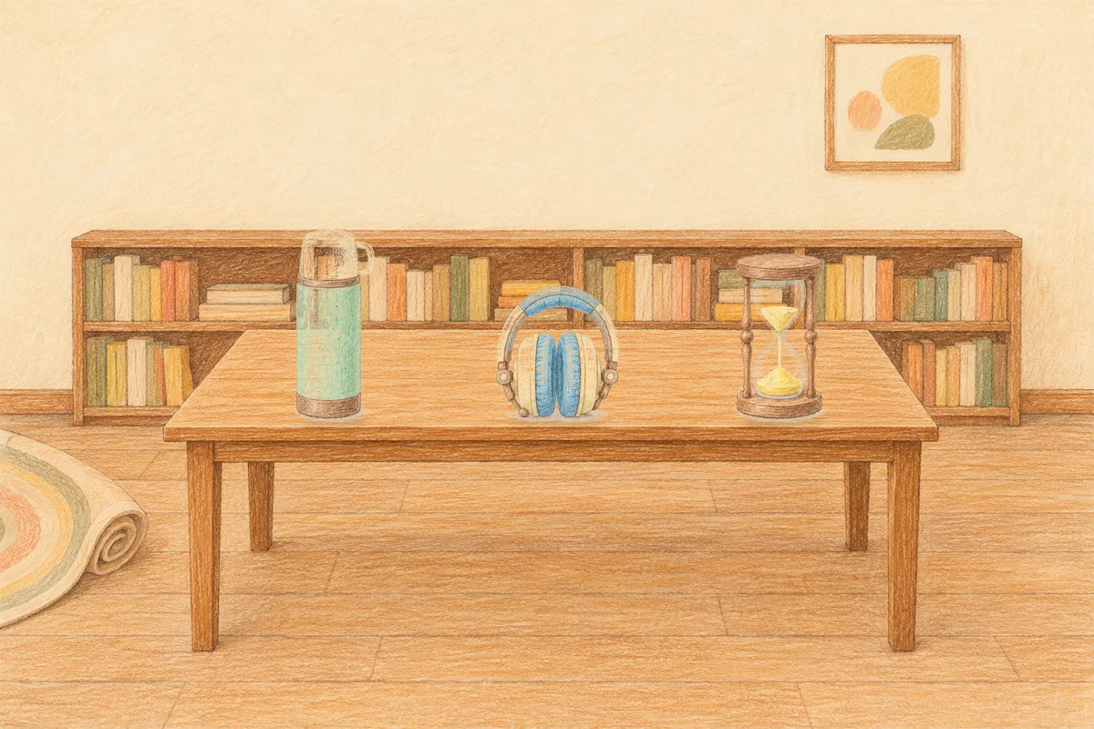 장지동 여성전용 경락 추천 안내 그림, 낮의 서재 긴 책상 위에 놓인 보온병, 헤드폰, 모래시계