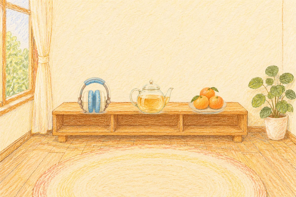 장지동 여성전용 방문 홈케어 안내 그림, 낮의 창가 낮은 선반 위에 놓인 헤드폰, 유리 티포트, 귤이 담긴 접시