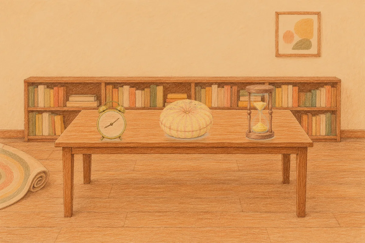 장지동 여성전용 홈케어 후기 안내 그림, 저녁의 서재 긴 책상 위에 놓인 둥근 알람시계, 둥근 쿠션, 모래시계