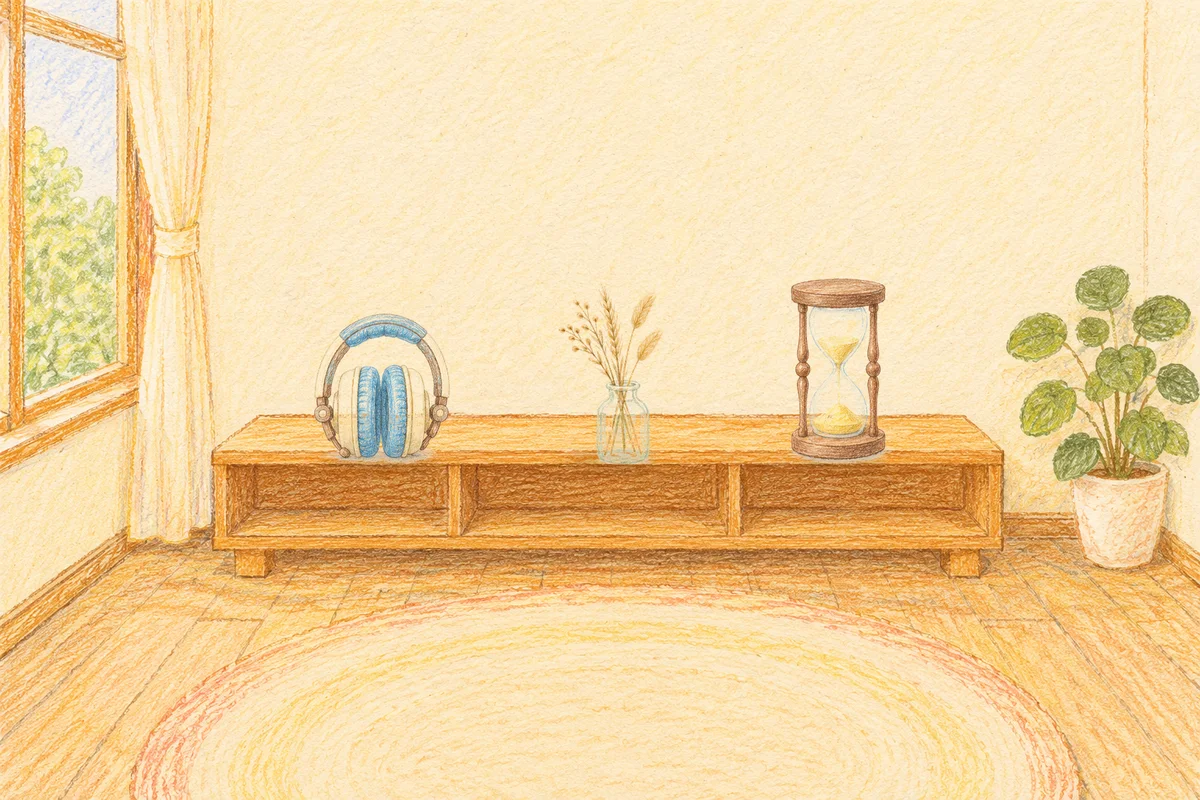 장지동 여성전용 홈케어 추천 안내 그림, 낮의 창가 낮은 선반 위에 놓인 헤드폰, 마른 풀을 꽂은 항아리, 모래시계