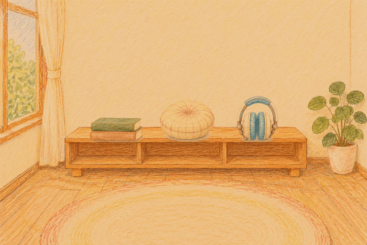 장지동 여성전용 발관리 안내 그림, 저녁의 창가 낮은 선반 위에 놓인 책 두 권, 둥근 쿠션, 헤드폰