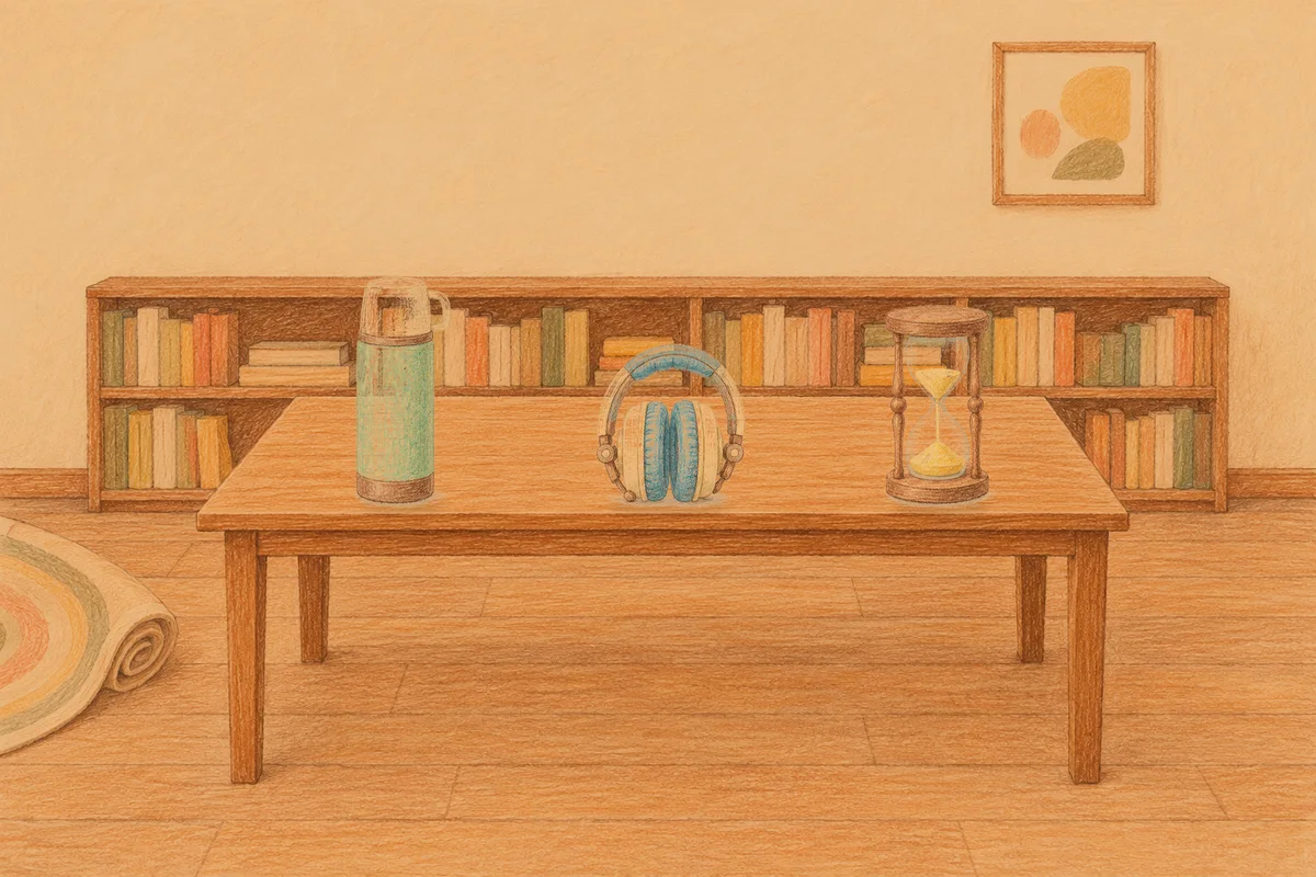 장지동 여성전용 발 부종 케어 안내 그림, 저녁의 서재 긴 책상 위에 놓인 보온병, 헤드폰, 모래시계
