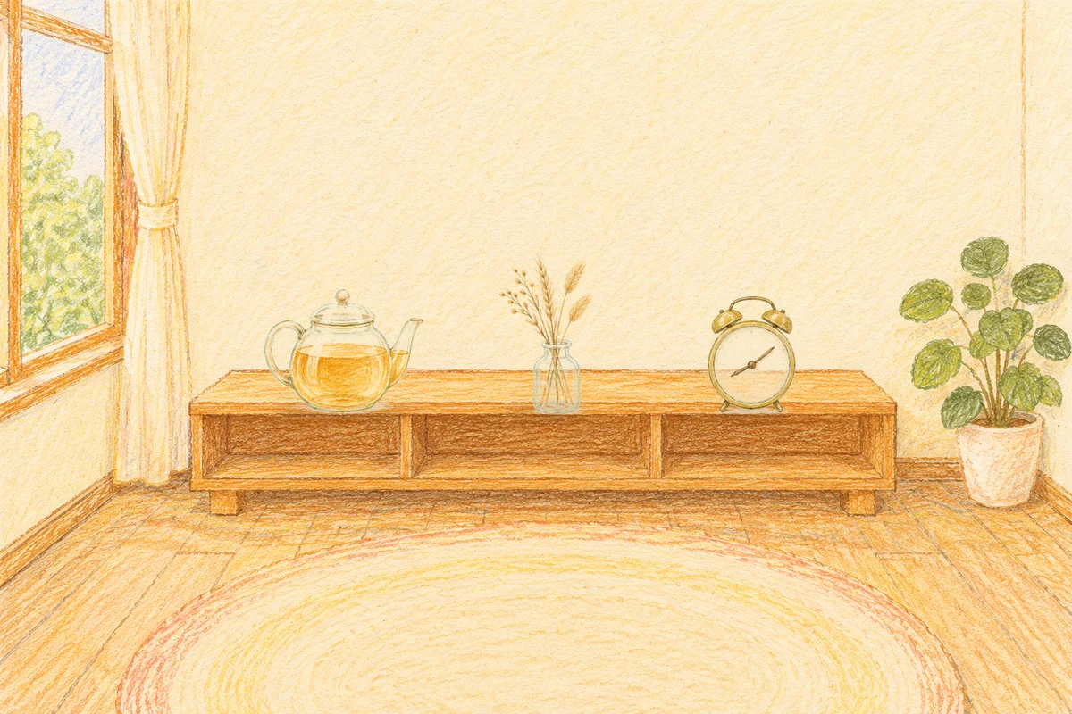장지동 여성전용 셀룰라이트 관리 안내 그림, 낮의 창가 낮은 선반 위에 놓인 유리 티포트, 마른 풀을 꽂은 항아리, 둥근 알람시계
