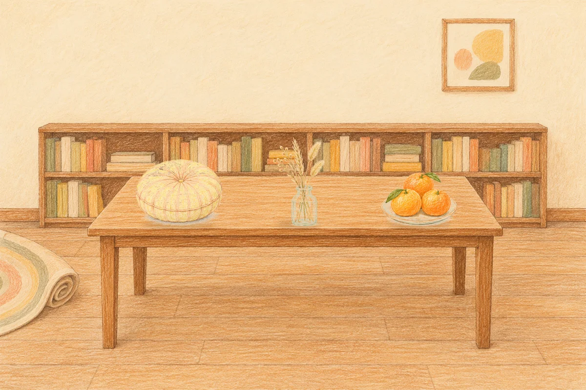 장지동 여성전용 슬리밍 마사지 안내 그림, 낮의 서재 긴 책상 위에 놓인 둥근 쿠션, 마른 풀을 꽂은 항아리, 귤이 담긴 접시