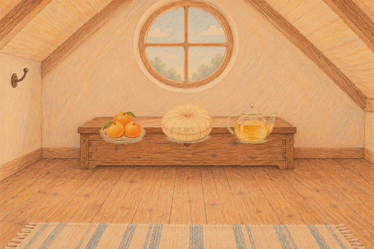 장지동 여성전용 디톡스 마사지 안내 그림, 저녁의 다락방 나무 궤짝 위에 놓인 귤이 담긴 접시, 둥근 쿠션, 유리 티포트