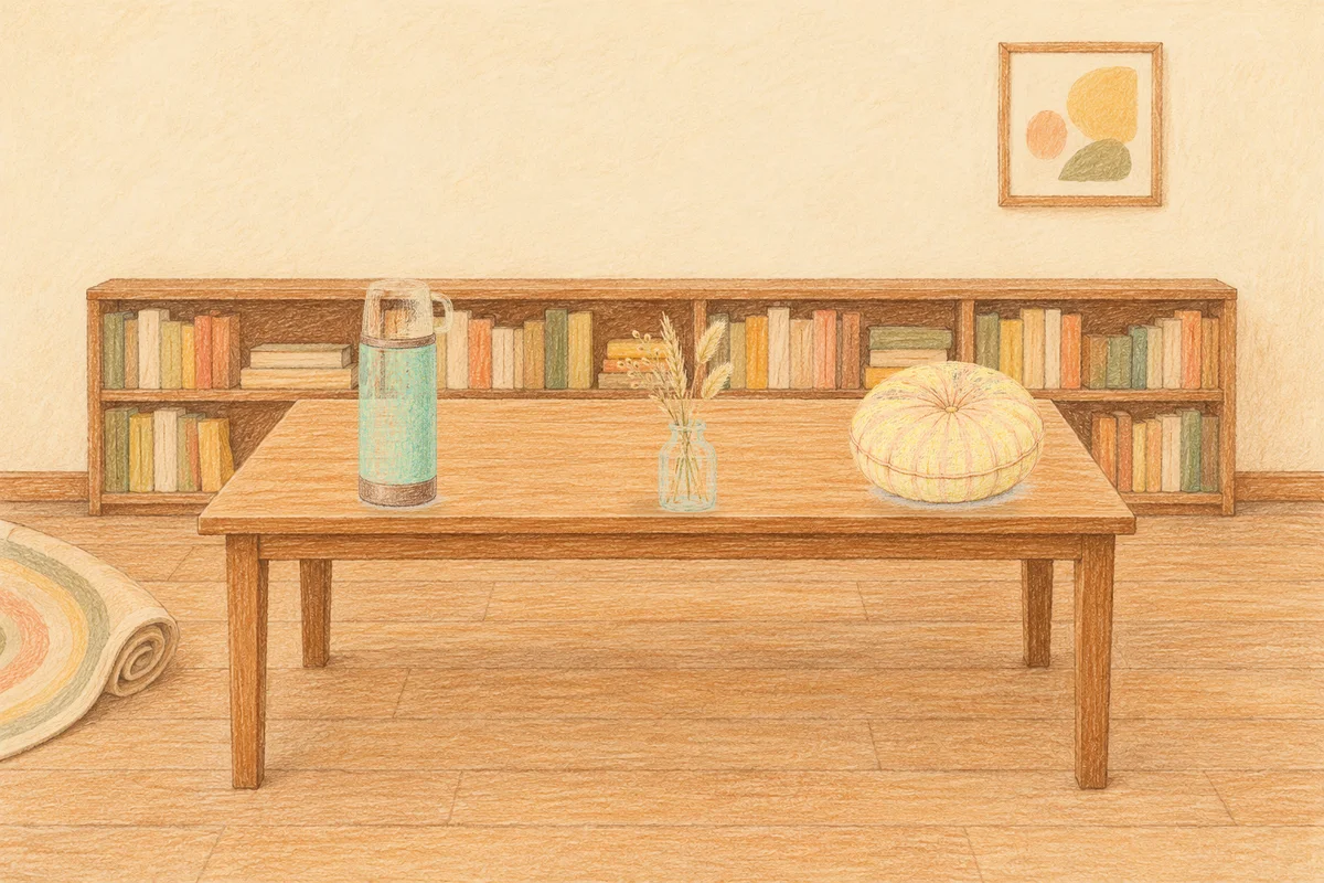 장지동 여성전용 다이어트 마사지 안내 그림, 낮의 서재 긴 책상 위에 놓인 보온병, 마른 풀을 꽂은 항아리, 둥근 쿠션