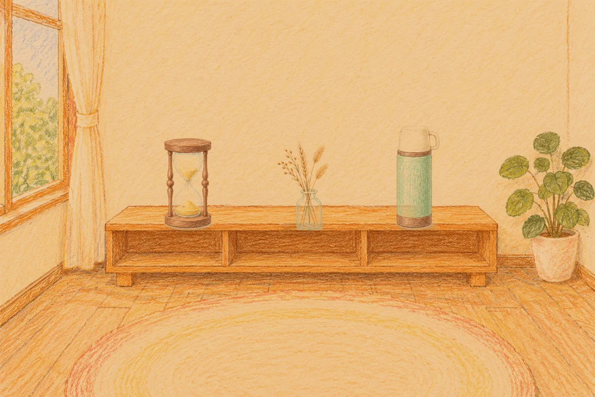 장지동 여성전용 복부 마사지 안내 그림, 저녁의 창가 낮은 선반 위에 놓인 모래시계, 마른 풀을 꽂은 항아리, 보온병
