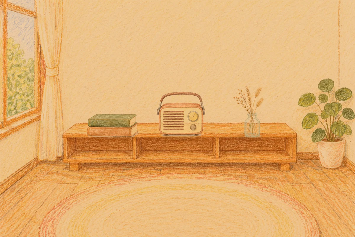 장지동 여성전용 등 마사지 안내 그림, 저녁의 창가 낮은 선반 위에 놓인 책 두 권, 작은 라디오, 마른 풀을 꽂은 항아리