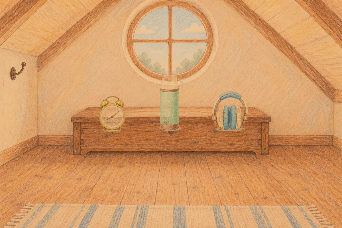 장지동 여성전용 두피 마사지 안내 그림, 저녁의 다락방 나무 궤짝 위에 놓인 둥근 알람시계, 보온병, 헤드폰